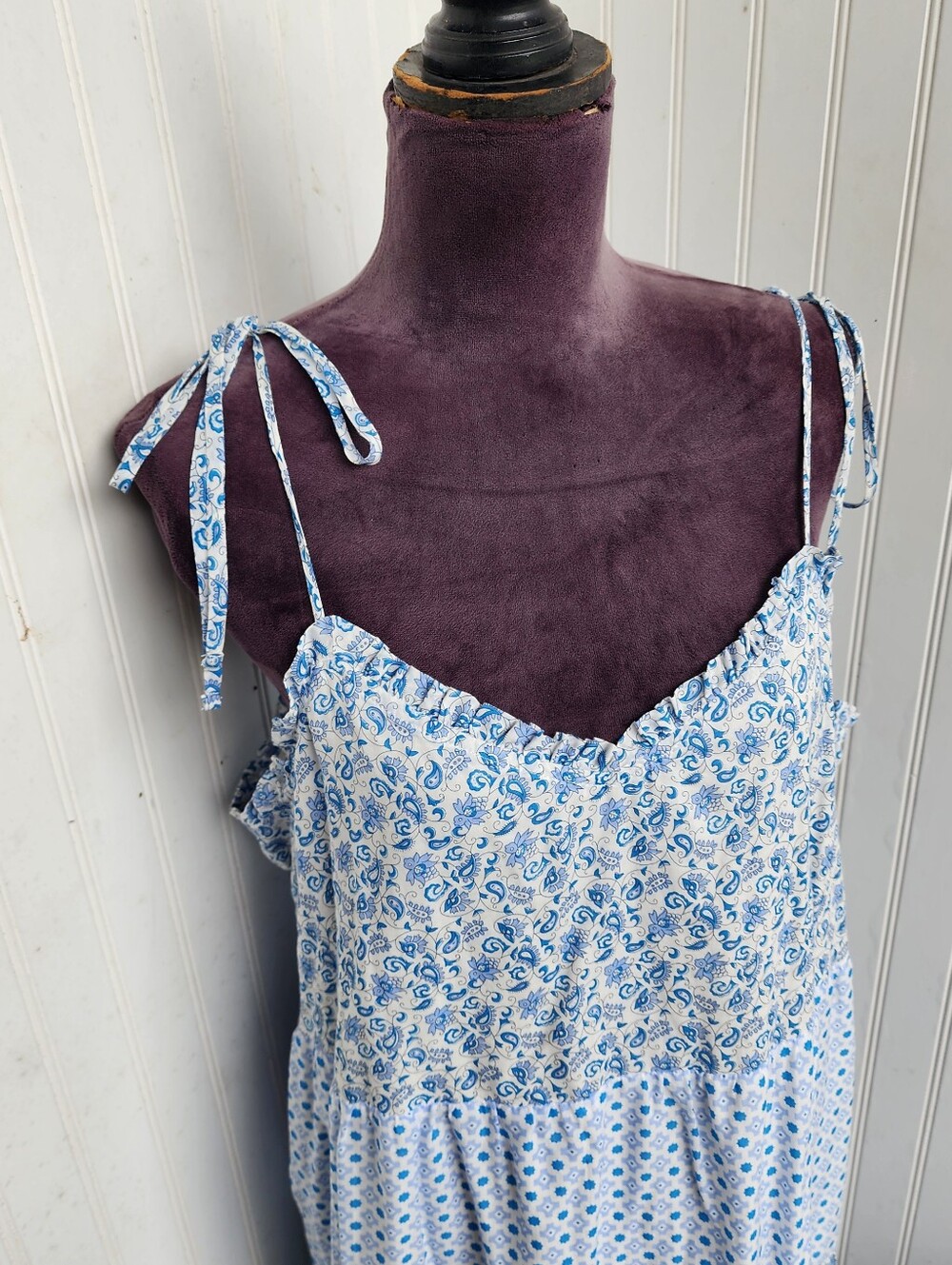 J. Crew Blue White Mixed Print Tiered Cotton Maxi Dress Paisley Striped Tie XL - Picture 4 of 15